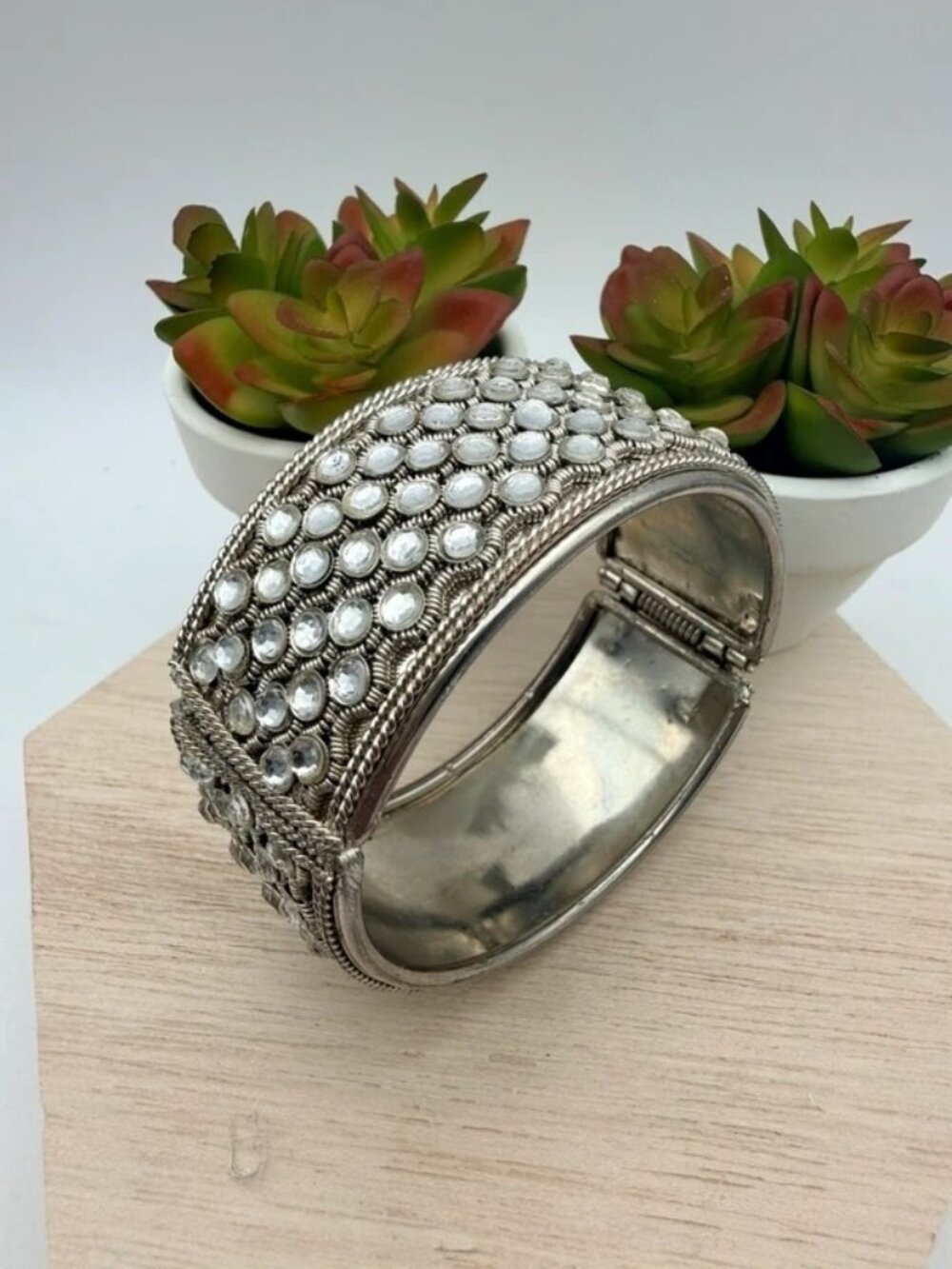 Silver Tone Rhinestone Wide Hinged Cuff Bracelet Boho Statement Jewelry